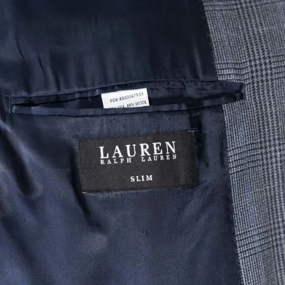 Ralph Lauren Mens Blazer 38S Gray Blue Plaid Sport Coat Slim Jacket Silk Wool - Picture 3 of 8
